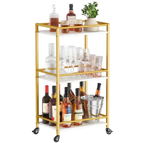 Gold 3-Tier Rolling Bar Cart with Lockable Wheels