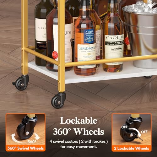 Gold 3-Tier Rolling Bar Cart with Lockable Wheels