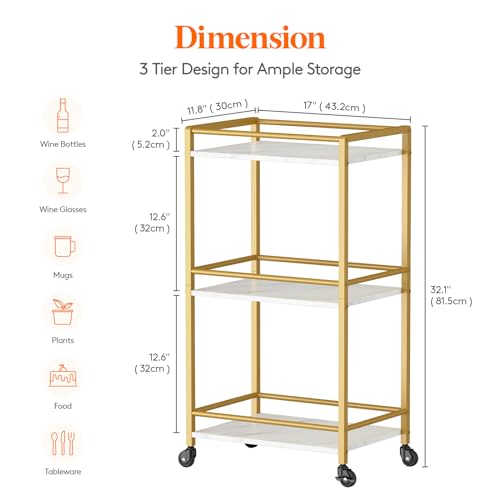 Gold 3-Tier Rolling Bar Cart with Lockable Wheels
