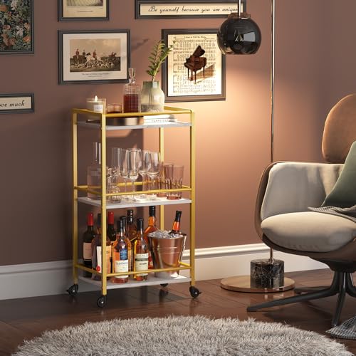 Gold 3-Tier Rolling Bar Cart with Lockable Wheels