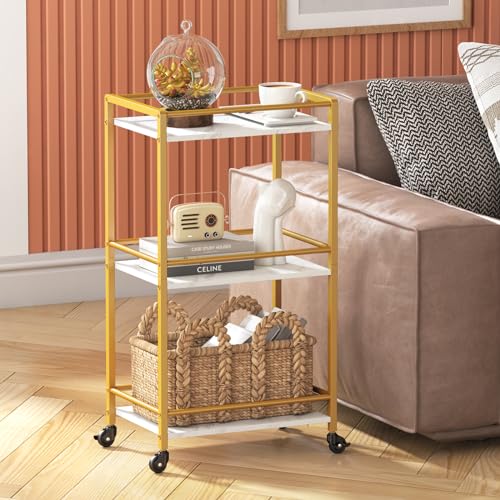 Gold 3-Tier Rolling Bar Cart with Lockable Wheels