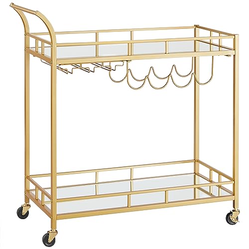 Gold Bar Cart with Mirrored Shelves and Holders