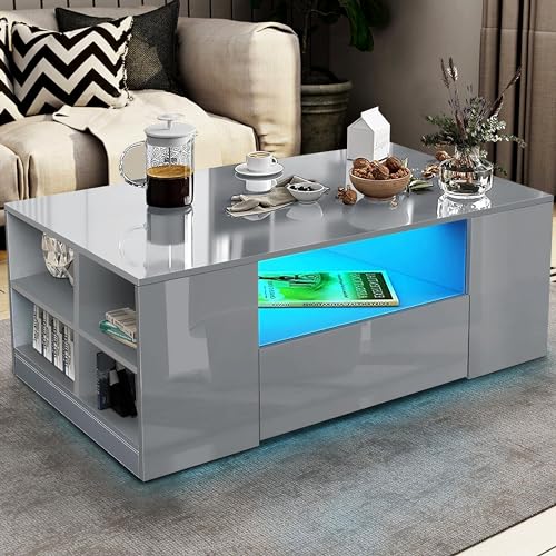 LED Coffee Table with Storage and Open Shelf