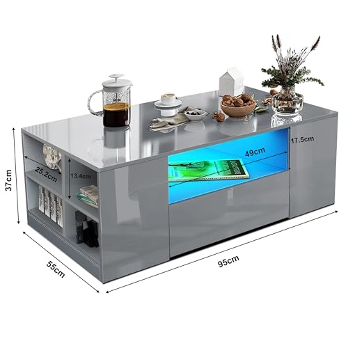 LED Coffee Table with Storage and Open Shelf