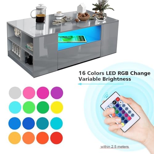 LED Coffee Table with Storage and Open Shelf