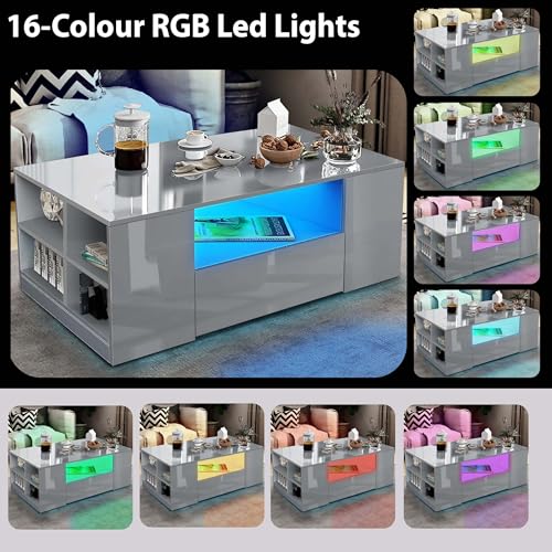 LED Coffee Table with Storage and Open Shelf
