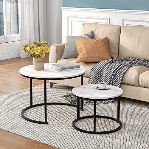 Black Round Coffee Table Set with Marble Pattern