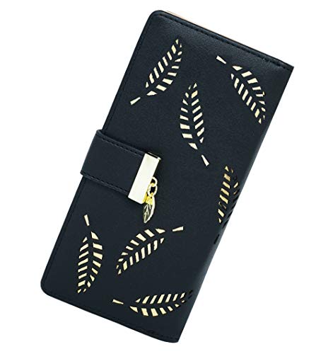 Elegant Black Bifold Leather Women's Wallet with Leaf Design