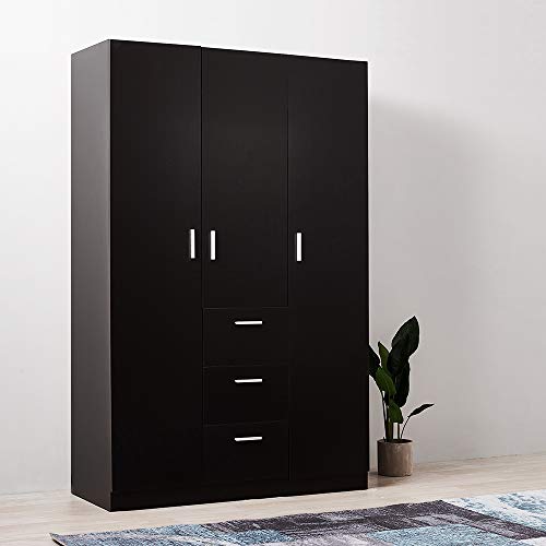 Sleek Black Triple Wardrobe with Drawers & Rail