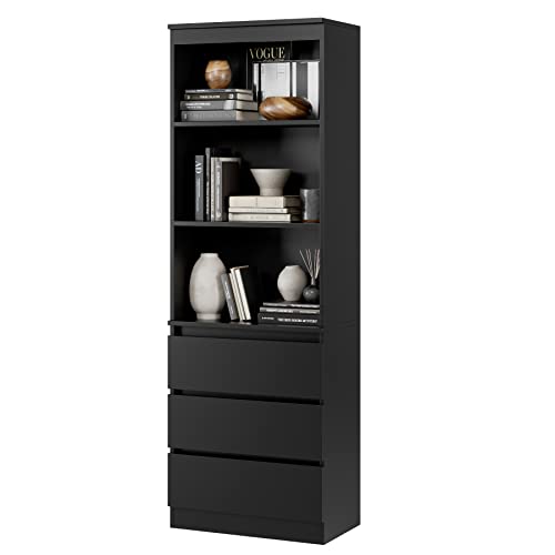 FirFurd 180cm Tall Black Bookcase with Drawers