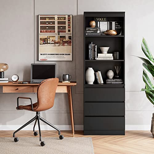 FirFurd 180cm Tall Black Bookcase with Drawers