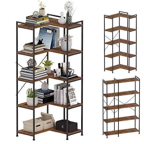 5-Tier Industrial Corner Bookshelf for Home & Office