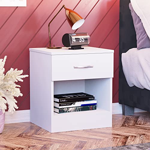 White Bedside Cabinet with Drawer and Metal Handles
