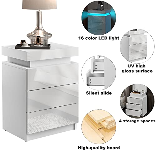 TUKAILAi LED Bedside Table with 3 Drawers