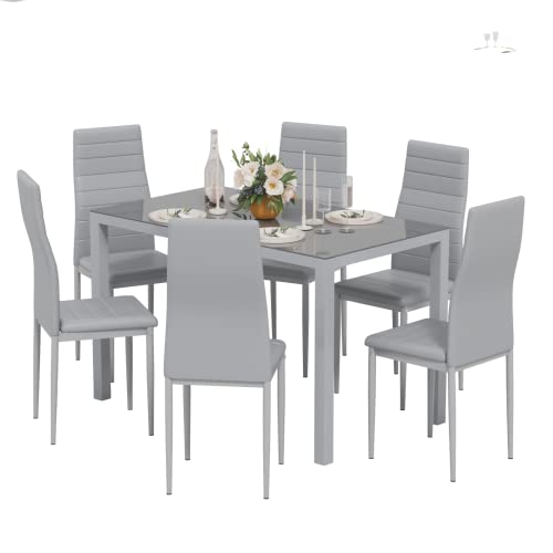 Modern Glass Dining Table with 6 Faux Leather Chairs