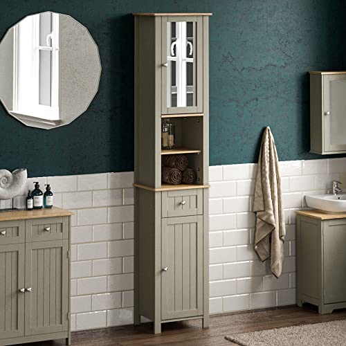 Tall Mirrored Bathroom Storage Cabinet, Grey & Oak