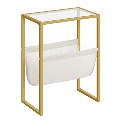 Slim Gold Side Table with Fabric Magazine Holder