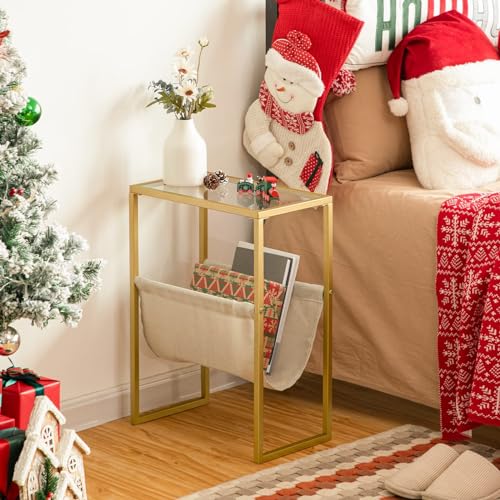 Slim Gold Side Table with Fabric Magazine Holder