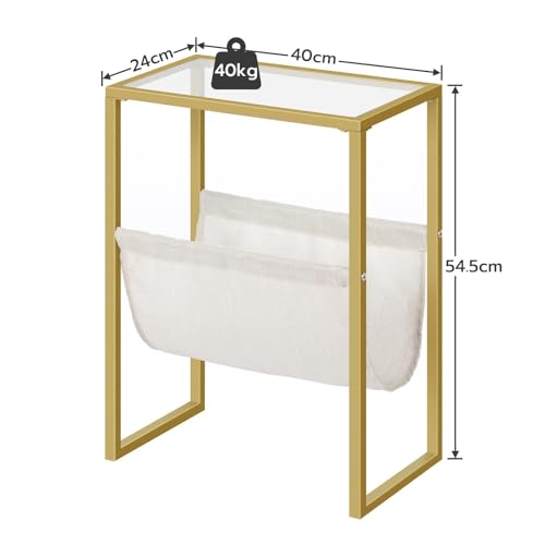 Slim Gold Side Table with Fabric Magazine Holder