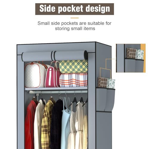Portable Grey Canvas Wardrobe with Storage Boxes