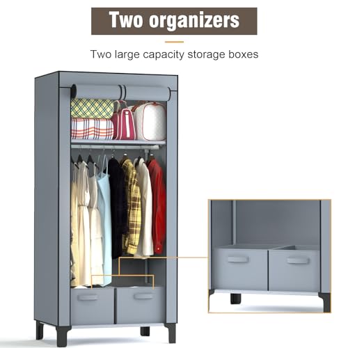 Portable Grey Canvas Wardrobe with Storage Boxes