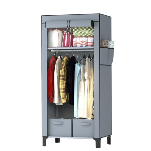 Portable Grey Canvas Wardrobe with Storage Boxes