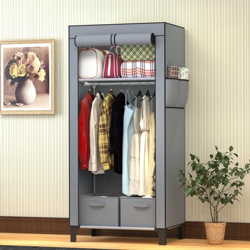 Portable Grey Canvas Wardrobe with Storage Boxes