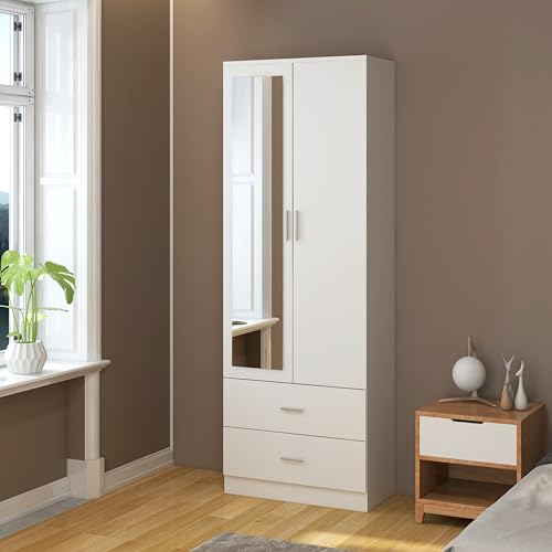 Mirrored 2-Door Wooden Wardrobe with Drawers