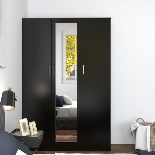 Black Mirrored 3-Door Wardrobe with Storage Compartments