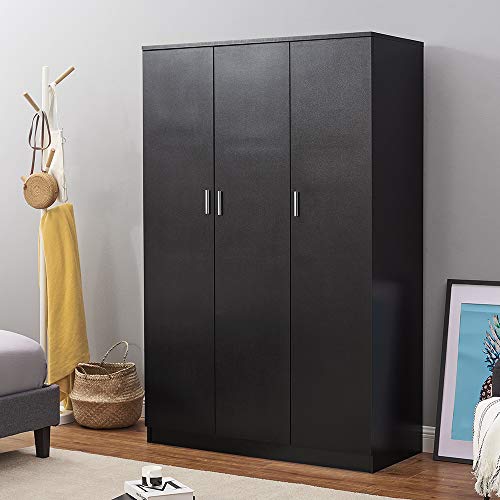 Modern Black Wooden 3-Door Wardrobe with Shelf