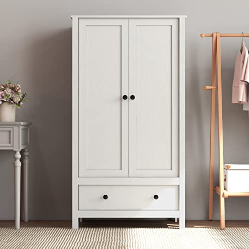 White Wooden 2-Door Wardrobe with Drawer