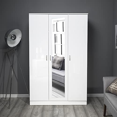 Modern 3-Door Mirrored Wardrobe in White Gloss