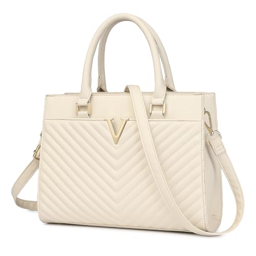 Chic V-Quilted Beige PU Leather Tote Bag
