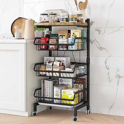 4-Tier Rolling Vegetable Storage Rack - Black Metal
