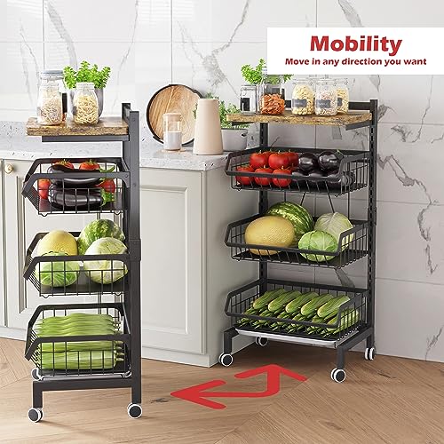 4-Tier Rolling Vegetable Storage Rack - Black Metal