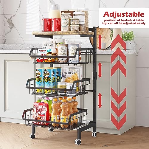 4-Tier Rolling Vegetable Storage Rack - Black Metal