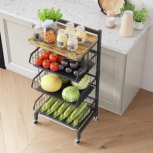 4-Tier Rolling Vegetable Storage Rack - Black Metal