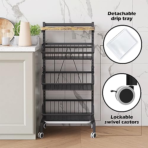 4-Tier Rolling Vegetable Storage Rack - Black Metal