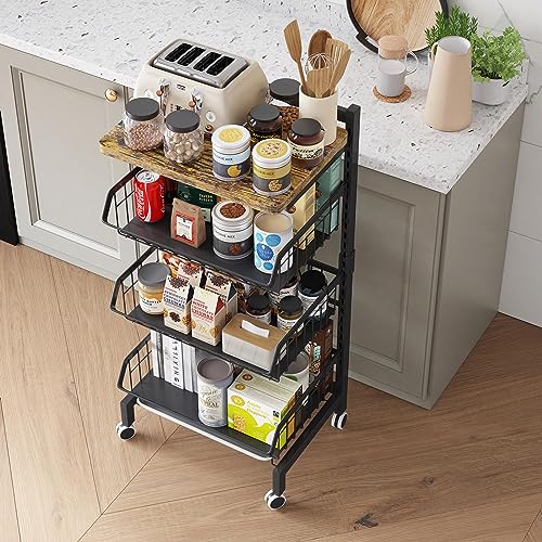 4-Tier Rolling Vegetable Storage Rack - Black Metal
