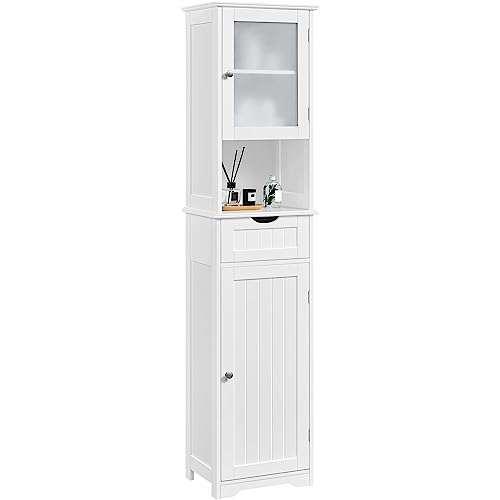Tall Wooden Storage Cabinet with Glass Door & Drawer