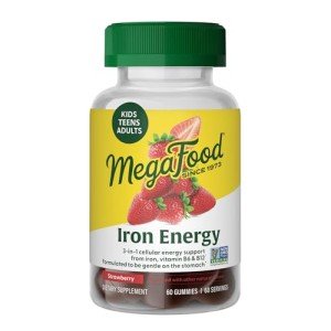 MegaFood Iron Energy Gummies - Vegan & Gluten-Free Iron Supplement for Women, Men, Teens & Kids with Vitamin B12 & B6, from The Makers of Blood Builder Iron Supplement, Strawberry Flavor - 60 Gummies