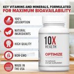 10X Health Optimize Methylated Multivitamin for Men & Women - 34 in 1 Formula with 800 mcg of Vitamin B12, Vitamin E, 5-MTHF, B Complex, NAC, Magnesium & Zinc Multivitamins - 90 Capsules
