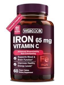 Vitacook Iron Supplement for Women Men, High Potency Iron 65mg with Vitamin C 250mg, Slow Release Stomach Friendly Iron Pills for Red Blood Cell & Immune Support, Non-GMO, Gluten Free, 60 Vegan Tabs