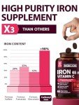 Vitacook Iron Supplement for Women Men, High Potency Iron 65mg with Vitamin C 250mg, Slow Release Stomach Friendly Iron Pills for Red Blood Cell & Immune Support, Non-GMO, Gluten Free, 60 Vegan Tabs