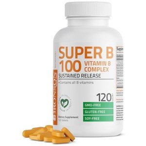 Bronson Vitamin B 100 Complex High Potency Sustained Release (Vitamin B1, B2, B3, B6, B9 - Folic Acid, B12), 120 Tablets