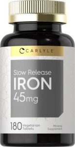 Carlyle Slow Release Iron 45 mg | 180 Tablets | Vegetarian, Non-GMO, and Gluten Free Formula | Ferrous Sulfate Mineral Supplement