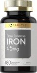 Carlyle Slow Release Iron 45 mg | 180 Tablets | Vegetarian, Non-GMO, and Gluten Free Formula | Ferrous Sulfate Mineral Supplement