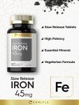Carlyle Slow Release Iron 45 mg | 180 Tablets | Vegetarian, Non-GMO, and Gluten Free Formula | Ferrous Sulfate Mineral Supplement