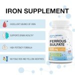 Puregen Labs Ferrous Sulfate 325 mg (65 mg Elemental Iron) High Potency Iron Supplement | No Artificial Color Additives - 200 Tablets Made in USA