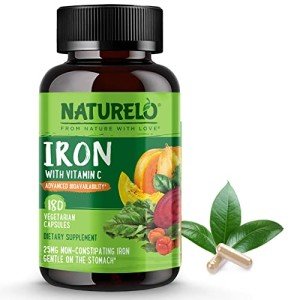 NATURELO Vegan Iron Supplement with Vitamin C and Organic Whole Foods - Gentle Iron Pills for Women & Men with Iron Deficiency Including Pregnancy, Anemia and Vegan Diets - 180 Mini Capsules